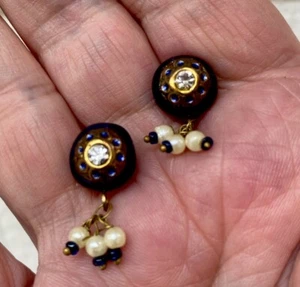 Tiny Vintage Blue Enamel Button Post Pierced Earrings; Seed Pearls CZ Center - Picture 1 of 4