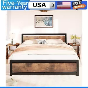 ⭐King Size Bed Frame with Wooden Headboard Industrial Metal King Bed Platform US - Picture 1 of 8