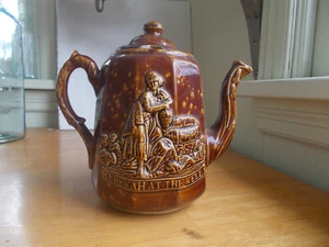 1870s REBEKAH AT THE WELL EMB ROCKINGHAM BENNINGTON POTTERY TEAPOT WITH LID - Picture 1 of 9