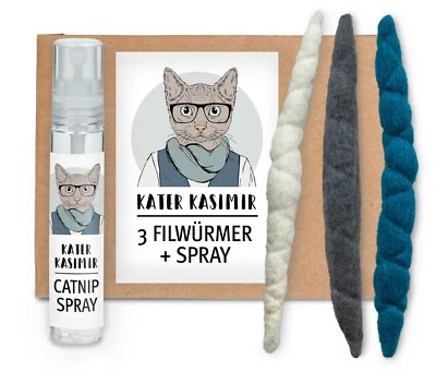 KATER KASIMIR 3 handgerollte Filzwürmchen aus reiner Schurwolle + Mini-Katzenminze-Spray