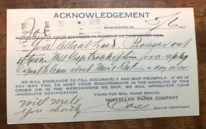 McClellan Paper Company order acknowlegement postcard 1921 - Picture 1 of 2