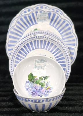 6 Shabby Chic Floral Hydrangea Blue White Melamine Plates & Bowls Spring Summer - Image 1 of 4