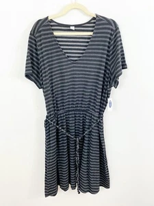 NEW Old Navy Black Gray V Neck Dress Sz XXL Short Sleeves Elastic Waist Tie Sash - Picture 1 of 9