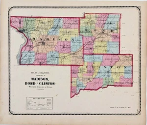 1871 MADISON BOND CLINTON - ILLINOIS Counties Map ORIGINAL (16X13) - Picture 1 of 4