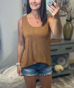 Tank Top Womens Large Brown Loose Scoop Neck Flowy Summer Vacation Beach Sexy - Picture 1 of 7
