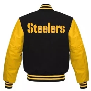 Chaqueta Universitaria Pittsburgh Steelers Cuerpo Negro Mangas Cuero Dorado NFL Talla XL - Imagen 1 de 5