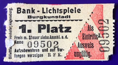 Eintrittskarte Ticket vor 1945 Kino Bank-Lichtspiele Burgkunstadt 1. Platz - Bild 1 von 2
