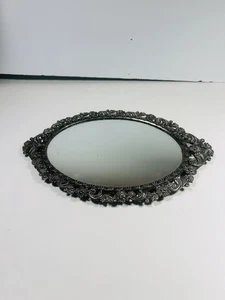 Vintage Rokoko Stil Silber verziert Metallrahmen Oval Kosmetik Tablett Spiegel 12”x9” - Bild 1 von 10