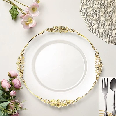 CRAFTSNFAVORS 6 CLEAR 13" Round with GOLD Embossed Rim Charger Plates Wedding Party Dinner