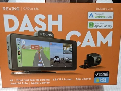 Rexing  4K Dash Cam Front and Rear with CarPlay & Android Auto -Model# CPDuo686 - Image 1 of 4