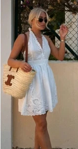 ZARA WHITE EMBROIDERED HALTER NECK COTTON MINI DRESS SIZE M 5107/258 - Picture 1 of 7