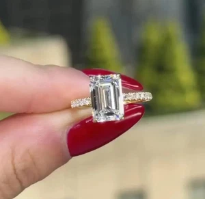 Emerald Cut Diamond Engagement Ring 14K Yellow Gold Solitaire Pave Wedding Band - Picture 1 of 7