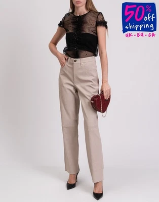 RRP €962 RAG & BONE ICONS Harlow Leather Trousers W26 Beige Mid Waist Straight - Image 1 of 4