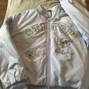 Disney Light Blue Stitch Youth Girls 14/16 Bomber Jacket Ohana Front & Back Hit - Picture 1 of 10