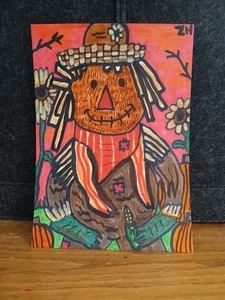 Zeichnung Gemälde Herbst Herbst Vogelscheuche Sonnenblumen Bauernhof Kürbisse Halloween Deko - Bild 1 von 1