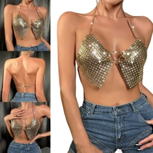 Women Flower Rhinestones Halter Backless Bras Heart Buckled Camisole Crop Top - Picture 1 of 9