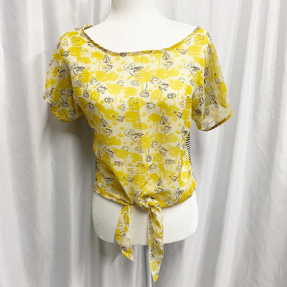Sheer Yellow Rose Print & Striped Tie Front Blouse Size XS - Image 1 of 4