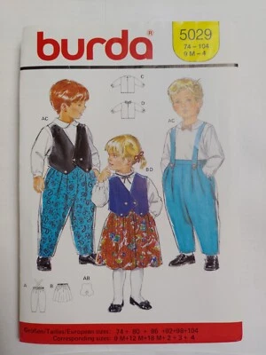 Bibs Pants Vest Skirt Shirt 9M-4T Burda 5029 Sewing Pattern Cut Wedding Church - Image 1 of 4