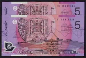 Five Dollars $5 Australian Banknote 1995 R217a Consecutive Pair UNC - Foto 1 di 2