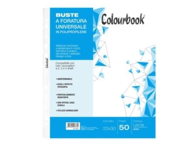 Buste Forate Trasparenti Universali Raccoglitori A4 22x30 50 Buste Colourbook - Immagine 1 di 3