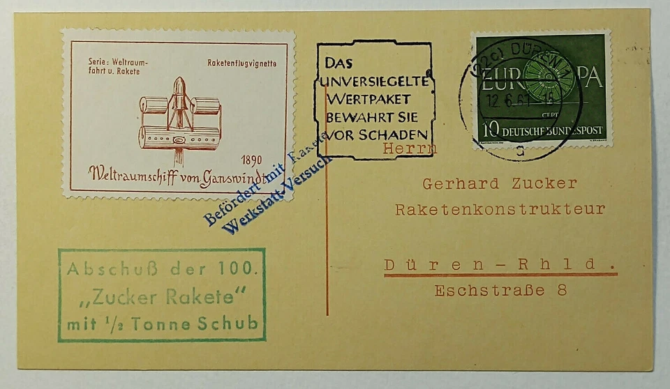 1961 German Space Travel & Rocket Flight Workshop Zuker Rocket Launch Postcard - Image 1 of 2
