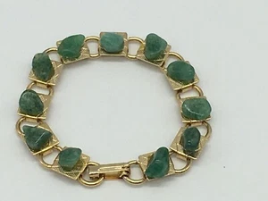 Vintage Polished Stone Jade Chip Gold Tone Square Link Bracelet - Picture 1 of 11