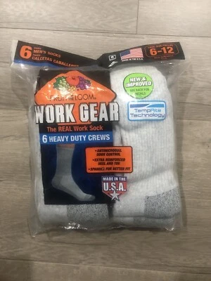 Fruit of the Loom Work Gear Heavy Duty Crew Socks 6-Pair - Grey 6-12 - NEW - Imagem 1 de 3