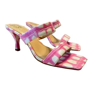 Vince Camuto Aslee Square Toe Sandals Slides Heels Pink White Leather Size 8.5 - Picture 1 of 13