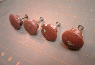 4 Antique Painted Maple Wood Drawer Pull Knobs Old Red Paint Over Blue Paint   - Image 1 of 4