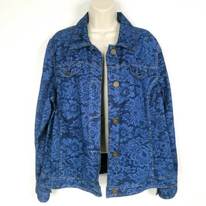 Gloria Vanderbilt Womens Jacket Large Blue Floral Button Up Pocket - Picture 1 of 12