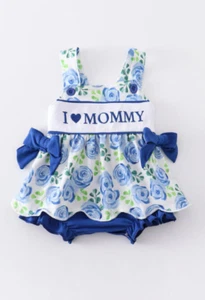 Baby Girl I Love Mommy Romper With Bows, Blue Floral Spring & Summer Romper - Picture 1 of 8