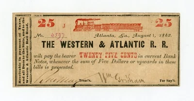 August 1 1862 25c The Western & Atlantic Rail Road - GEORGIA Note w/ TRAIN - Image 1 of 2