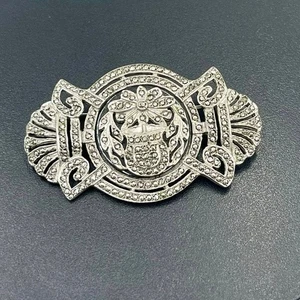 Vintage Antique Art Deco Sterling Silver Marcasite Floral Framed Brooch Unsigned - Picture 1 of 10