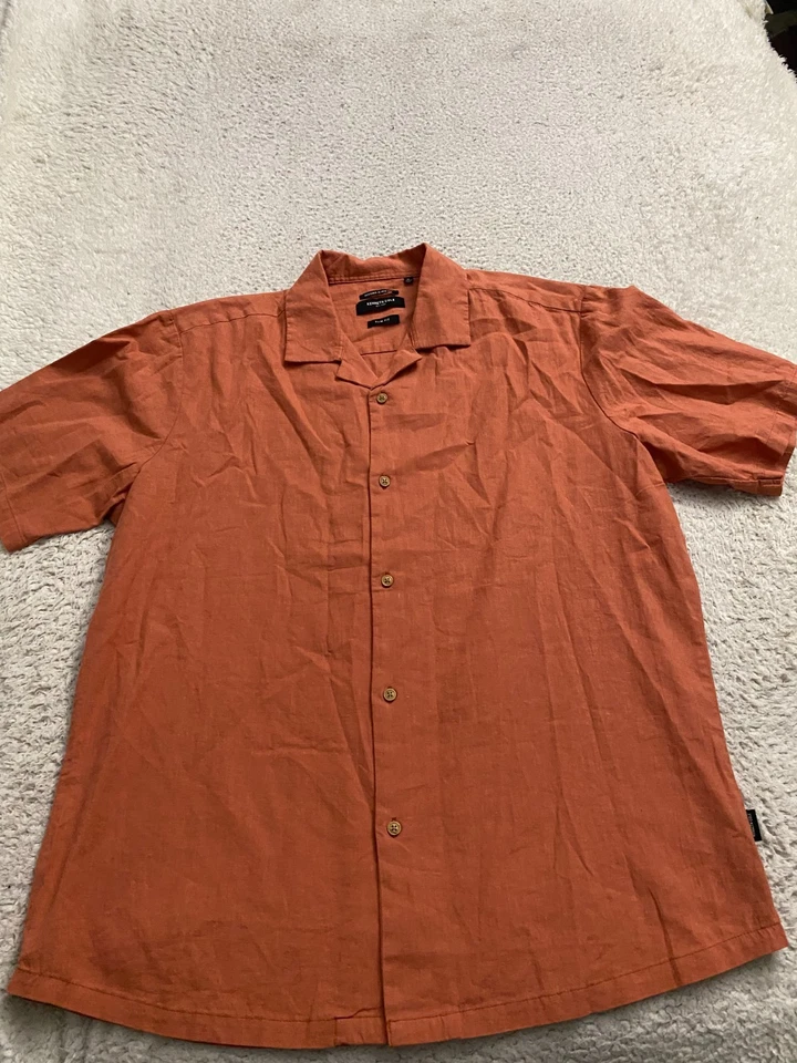 Kenneth Cole Men Linen Blend Short Sleeve Button-Up Shirt Dark Orange Size XL - Image 1 of 4