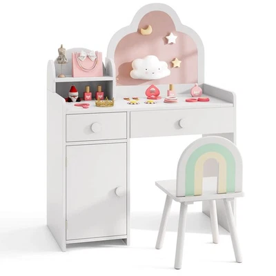 Juego de mesa y silla de tocador para niños con espejo en forma de nube estante abierto cajones de almacenamiento Foto 1 de 4