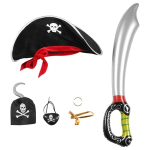 5 Stück Halloween Piraten Kostüm Requisiten Set Hut Haken Ohrring und Augenklappe - Bild 1 von 12