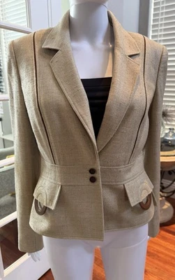 Carlisle 棕褐色 100% 真丝西装外套棕色皮革 6 码 MSRP $395 — 第 1/4 张图片