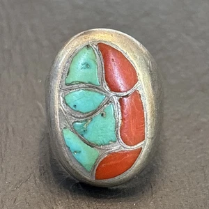 Zuni Vintage Sterling Silver Turquoise Coral Flush Inlay Mens Ring Size 10 - Picture 1 of 14