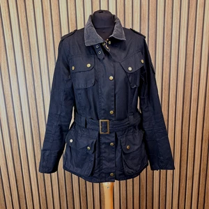 Barbour International Wachsjacke UK 18 schwarz gewachste Baumwolle Reißverschluss Bündchen Tartan gefüttert - Bild 1 von 12