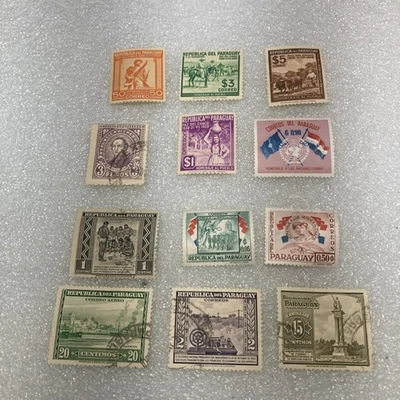 12 De colección. Estampillas pequeñas de Paraguay usadas/canceladas/HR, 1930-1950; envíos de $1; ¡Bonita oferta! Foto 1 de 4