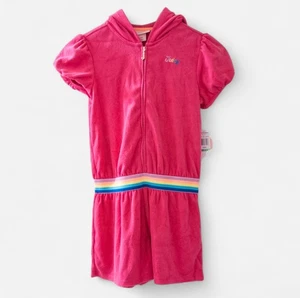 Juicy Couture Girls Romper with Hoodie Size 8-10 Pink Terry Cloth Rainbow Y2K - Picture 1 of 3