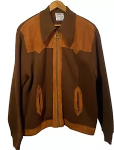 Montgomery Ward Mens Vintage Zip Up Sweater Jacket Brown Acrylic Suede Trim XL - Picture 1 of 6