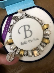 Bella Perlina Bracelet - White Silver Pearl Crystal Square Beads New Teal Box - Picture 1 of 11