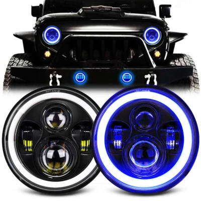 Pair 7" LED Headlights Blue Halo Amber Turn Signal for Jeep Wrangler JK LJ TJ CJ - Image 1 of 4