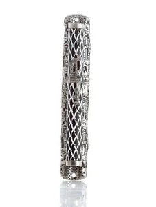 Estuche plateado de mezuzá judío diseño de Jerusalén 12 cm judaica Israel - Imagen 1 de 6