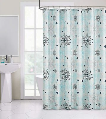Winter Snowflake Fabric Shower Curtain Decorative Shimmer Effect Blue White - Image 1 of 4
