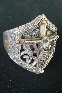 HUGE Sterling 925 Jesus Crucifix Ring Size 15.5 Vermeil Cross - Picture 1 of 19