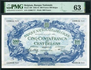 Belgium 1938-1943 500 Francs-100 Belgas P109 PMG 63 UNC - Picture 1 of 2