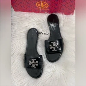 Tory Burch Everly Crystal Logo Light Weight Calf Leather Gold Slide Sandals - Picture 1 of 6