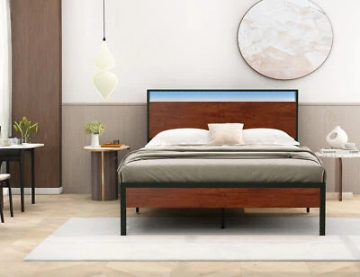 Cama con plataforma de luz LED cómoda tamaño queen: soporte de listones de acero, sin ruido Foto 1 de 4